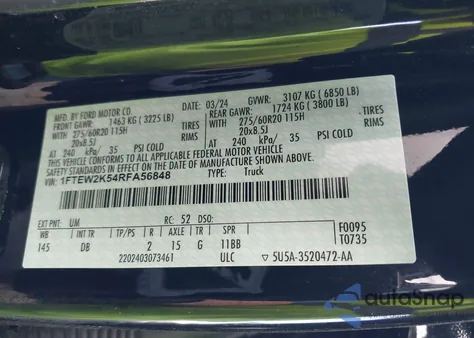 2024 Ford F-150 Stx z USA, uszkodzony, nr VIN 1FTEW2K54RFA56848